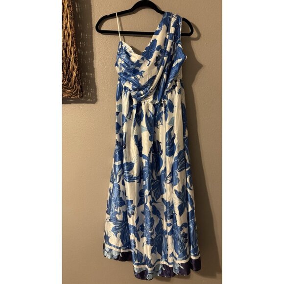 Petal & Pup Midi Dress 10 Blue White Floral Silky One Shoulder Washable NEW - Picture 16 of 16